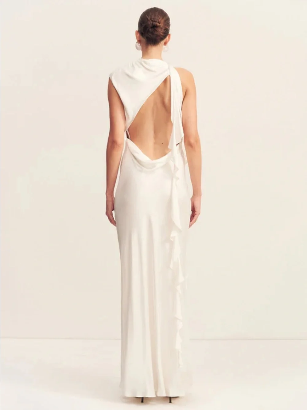 Shona Joy White Sleeveless Gown with Side Ruffle